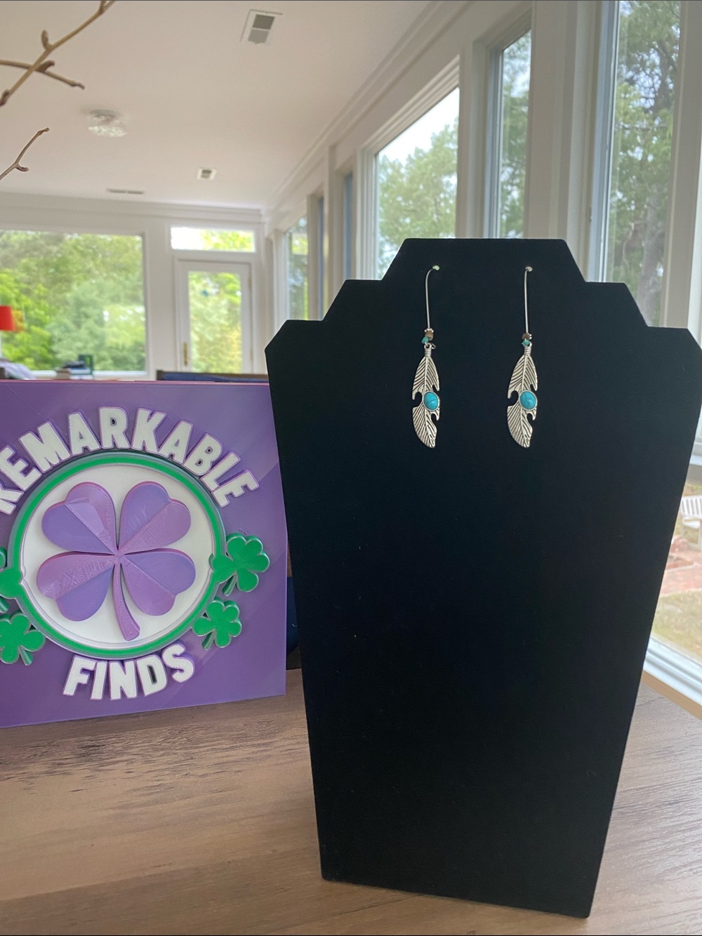 Silver Feather Drop Earrings with Turquoise Accents